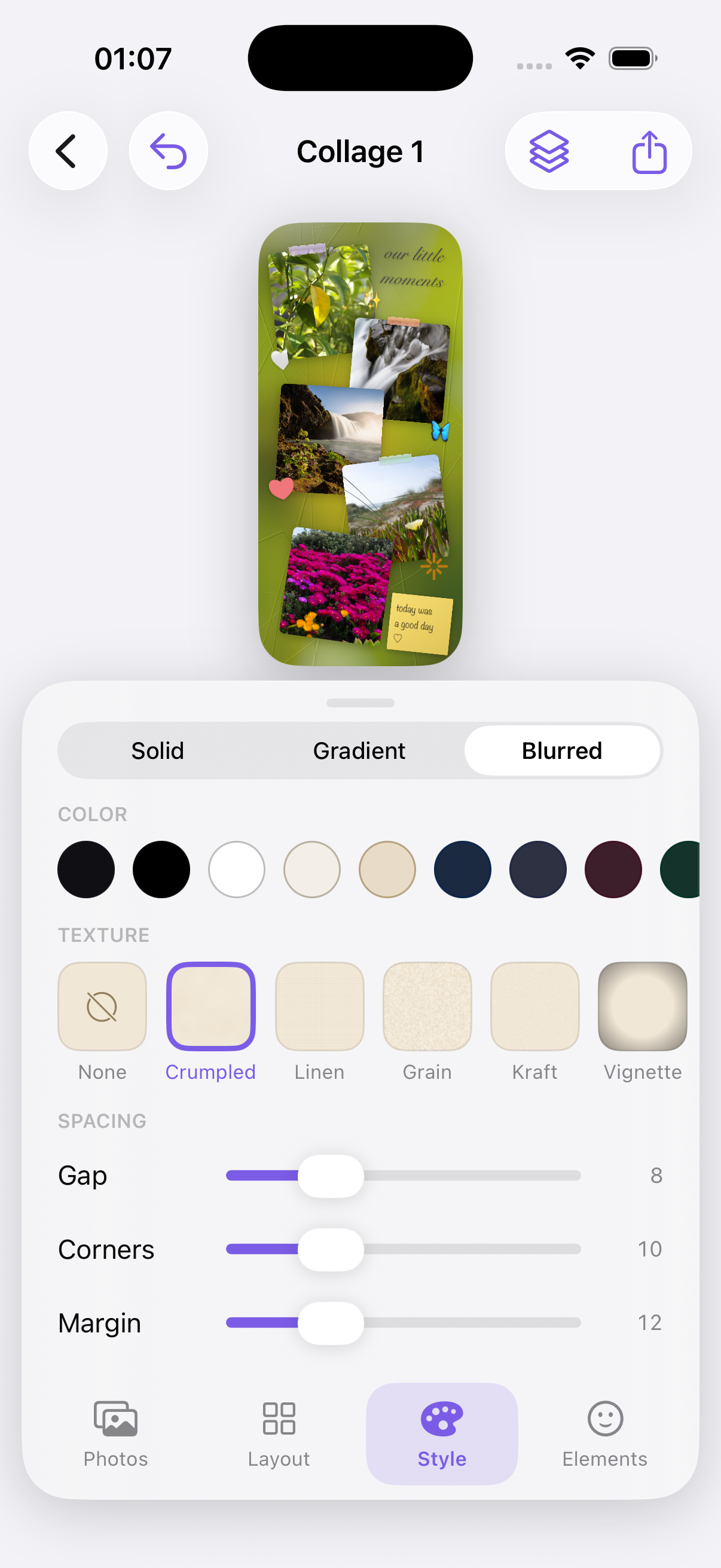 Style panel with background colors, paper textures and gap, corner and margin sliders