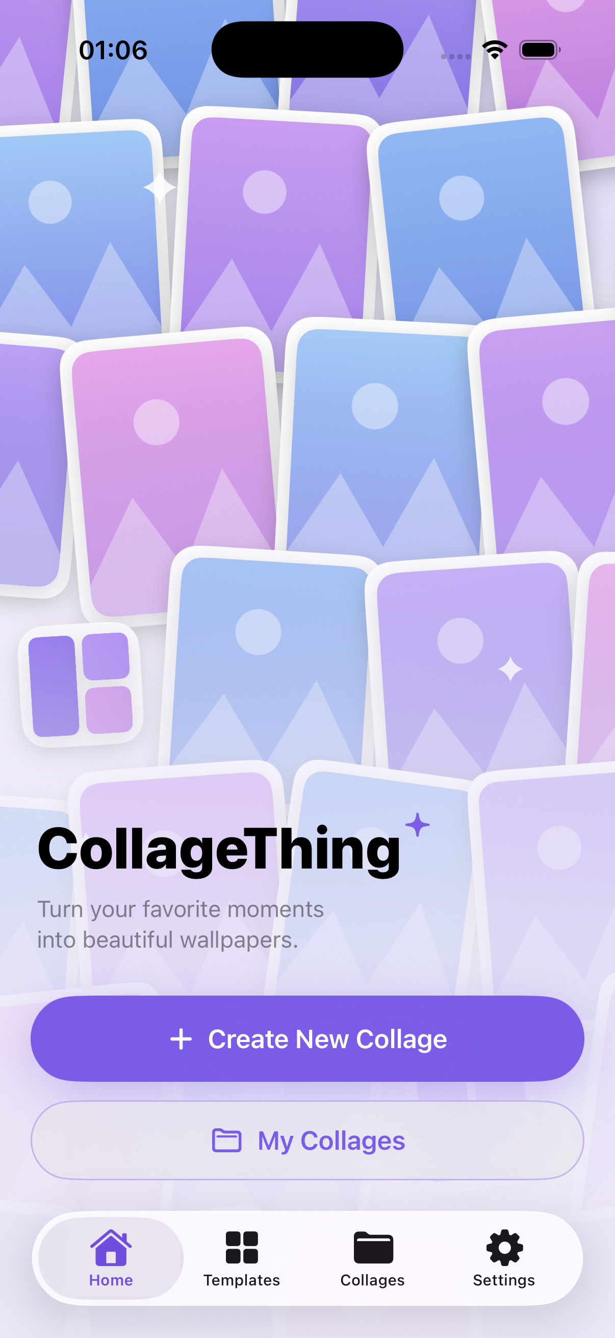 CollageThing home screen with the Create New Collage button