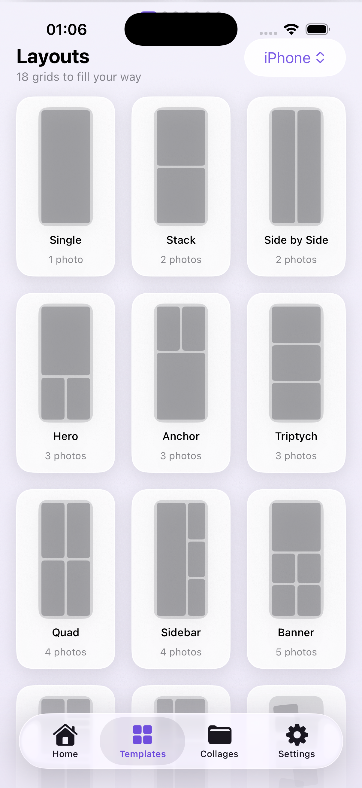 Layouts screen with 18 photo grids including Single, Stack, Hero and Triptych